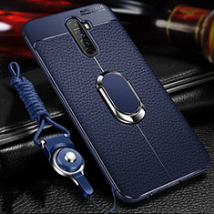 Soft Silicone Gel Leather Snap On Case Cover with Magnetic Finger Ring Stand S02 for Oppo Reno Ace Blue