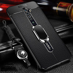 Soft Silicone Gel Leather Snap On Case Cover with Magnetic Finger Ring Stand S02 for Oppo Reno2 Black