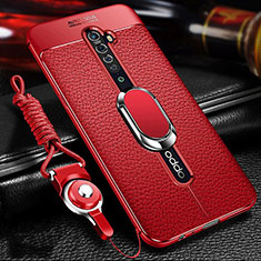Soft Silicone Gel Leather Snap On Case Cover with Magnetic Finger Ring Stand S02 for Oppo Reno2 Red