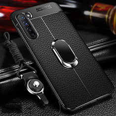 Soft Silicone Gel Leather Snap On Case Cover with Magnetic Finger Ring Stand S02 for Oppo Reno3 Black