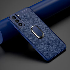 Soft Silicone Gel Leather Snap On Case Cover with Magnetic Finger Ring Stand S02 for Samsung Galaxy S21 FE 5G Blue
