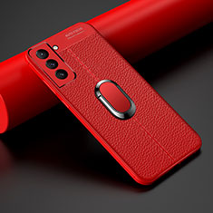 Soft Silicone Gel Leather Snap On Case Cover with Magnetic Finger Ring Stand S02 for Samsung Galaxy S21 FE 5G Red