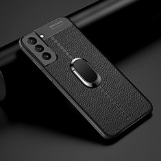 Soft Silicone Gel Leather Snap On Case Cover with Magnetic Finger Ring Stand S02 for Samsung Galaxy S25 Plus 5G Black