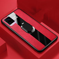 Soft Silicone Gel Leather Snap On Case Cover with Magnetic Finger Ring Stand S02 for Vivo V20 Pro 5G Red