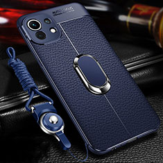 Soft Silicone Gel Leather Snap On Case Cover with Magnetic Finger Ring Stand S02 for Xiaomi Mi 11 5G Blue