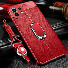 Soft Silicone Gel Leather Snap On Case Cover with Magnetic Finger Ring Stand S02 for Xiaomi Mi 11 5G Red