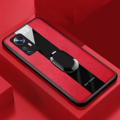 Soft Silicone Gel Leather Snap On Case Cover with Magnetic Finger Ring Stand S02 for Xiaomi Mi 12 5G Red