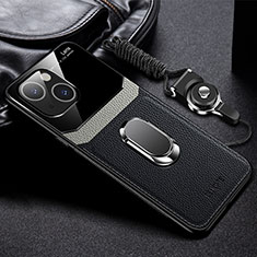 Soft Silicone Gel Leather Snap On Case Cover with Magnetic Finger Ring Stand S03 for Apple iPhone 13 Mini Black