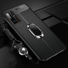Soft Silicone Gel Leather Snap On Case Cover with Magnetic Finger Ring Stand S03 for Huawei Honor 30 Black