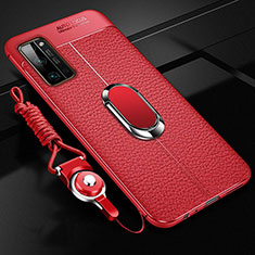 Soft Silicone Gel Leather Snap On Case Cover with Magnetic Finger Ring Stand S03 for Huawei Honor 30 Pro Red