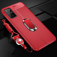 Soft Silicone Gel Leather Snap On Case Cover with Magnetic Finger Ring Stand S03 for Huawei Honor 30S Red