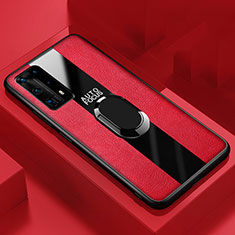 Soft Silicone Gel Leather Snap On Case Cover with Magnetic Finger Ring Stand S03 for Huawei P40 Pro+ Plus Red