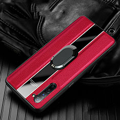 Soft Silicone Gel Leather Snap On Case Cover with Magnetic Finger Ring Stand S03 for Oppo F15 Red