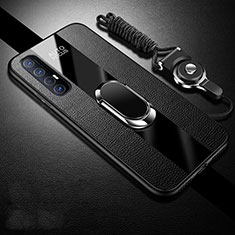 Soft Silicone Gel Leather Snap On Case Cover with Magnetic Finger Ring Stand S03 for Oppo Find X2 Neo Black