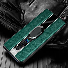 Soft Silicone Gel Leather Snap On Case Cover with Magnetic Finger Ring Stand S03 for Oppo Reno2 Green