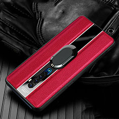 Soft Silicone Gel Leather Snap On Case Cover with Magnetic Finger Ring Stand S03 for Oppo Reno2 Red