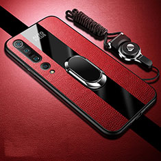 Soft Silicone Gel Leather Snap On Case Cover with Magnetic Finger Ring Stand S03 for Xiaomi Mi 10 Pro Red