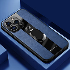 Soft Silicone Gel Leather Snap On Case Cover with Magnetic Finger Ring Stand S04 for Apple iPhone 13 Pro Max Blue