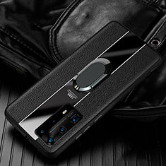 Soft Silicone Gel Leather Snap On Case Cover with Magnetic Finger Ring Stand S04 for Huawei P40 Pro+ Plus Black