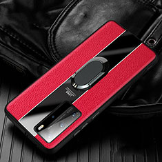 Soft Silicone Gel Leather Snap On Case Cover with Magnetic Finger Ring Stand S04 for Huawei P40 Pro Red