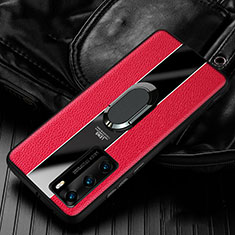 Soft Silicone Gel Leather Snap On Case Cover with Magnetic Finger Ring Stand S04 for Huawei P40 Red