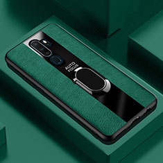 Soft Silicone Gel Leather Snap On Case Cover with Magnetic Finger Ring Stand S04 for Oppo A9 (2020) Green