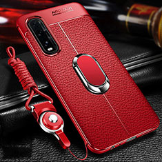 Soft Silicone Gel Leather Snap On Case Cover with Magnetic Finger Ring Stand S04 for Oppo Find X2 Red