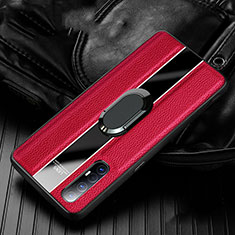 Soft Silicone Gel Leather Snap On Case Cover with Magnetic Finger Ring Stand S04 for Oppo Reno3 Pro Red