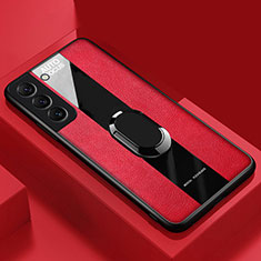 Soft Silicone Gel Leather Snap On Case Cover with Magnetic Finger Ring Stand S04 for Samsung Galaxy S21 5G Red