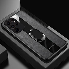 Soft Silicone Gel Leather Snap On Case Cover with Magnetic Finger Ring Stand S04 for Samsung Galaxy S21 Ultra 5G Black