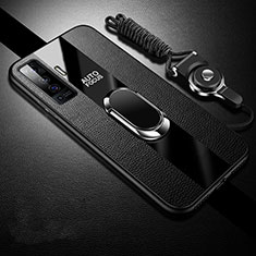 Soft Silicone Gel Leather Snap On Case Cover with Magnetic Finger Ring Stand S04 for Vivo X50 5G Black