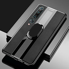 Soft Silicone Gel Leather Snap On Case Cover with Magnetic Finger Ring Stand S04 for Xiaomi Mi 10 Pro Black