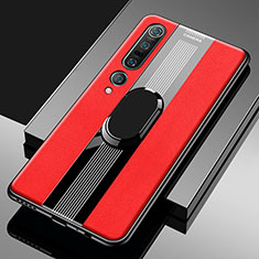 Soft Silicone Gel Leather Snap On Case Cover with Magnetic Finger Ring Stand S04 for Xiaomi Mi 10 Pro Red