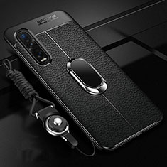 Soft Silicone Gel Leather Snap On Case Cover with Magnetic Finger Ring Stand S05 for Oppo Find X2 Pro Black