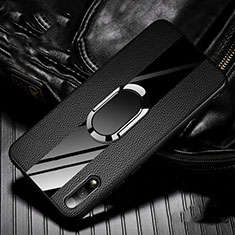 Soft Silicone Gel Leather Snap On Case Cover with Magnetic Finger Ring Stand S06 for Huawei Honor 9X Black