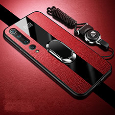 Soft Silicone Gel Leather Snap On Case Cover with Magnetic Finger Ring Stand S07 for Xiaomi Mi 10 Red