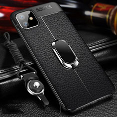 Soft Silicone Gel Leather Snap On Case Cover with Magnetic Finger Ring Stand T01 for Apple iPhone 11 Black