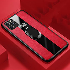 Soft Silicone Gel Leather Snap On Case Cover with Magnetic Finger Ring Stand T01 for Apple iPhone 11 Pro Red