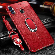Soft Silicone Gel Leather Snap On Case Cover with Magnetic Finger Ring Stand T01 for Huawei Honor 20 Lite Red