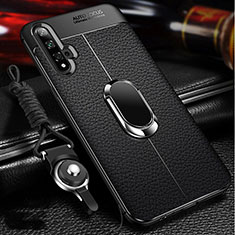 Soft Silicone Gel Leather Snap On Case Cover with Magnetic Finger Ring Stand T01 for Huawei Honor 20S Black