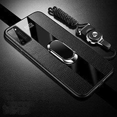 Soft Silicone Gel Leather Snap On Case Cover with Magnetic Finger Ring Stand T01 for Huawei Honor 30 Lite 5G Black