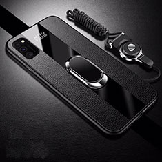 Soft Silicone Gel Leather Snap On Case Cover with Magnetic Finger Ring Stand T01 for Huawei Honor View 30 5G Black