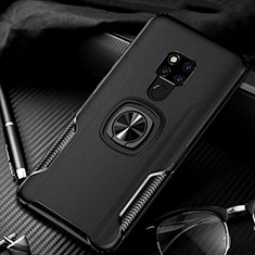 Soft Silicone Gel Leather Snap On Case Cover with Magnetic Finger Ring Stand T01 for Huawei Mate 20 Black