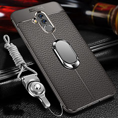 Soft Silicone Gel Leather Snap On Case Cover with Magnetic Finger Ring Stand T01 for Huawei Mate 20 Lite Gray