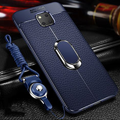 Soft Silicone Gel Leather Snap On Case Cover with Magnetic Finger Ring Stand T01 for Huawei Mate 20 Pro Blue