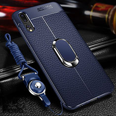 Soft Silicone Gel Leather Snap On Case Cover with Magnetic Finger Ring Stand T01 for Huawei P20 Pro Blue