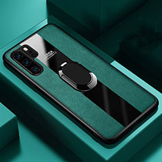 Soft Silicone Gel Leather Snap On Case Cover with Magnetic Finger Ring Stand T01 for Huawei P30 Pro Green