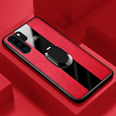 Soft Silicone Gel Leather Snap On Case Cover with Magnetic Finger Ring Stand T01 for Huawei P30 Pro New Edition Red