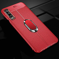 Soft Silicone Gel Leather Snap On Case Cover with Magnetic Finger Ring Stand T01 for Huawei P30 Red