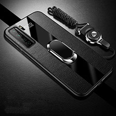 Soft Silicone Gel Leather Snap On Case Cover with Magnetic Finger Ring Stand T01 for Huawei P40 Lite 5G Black